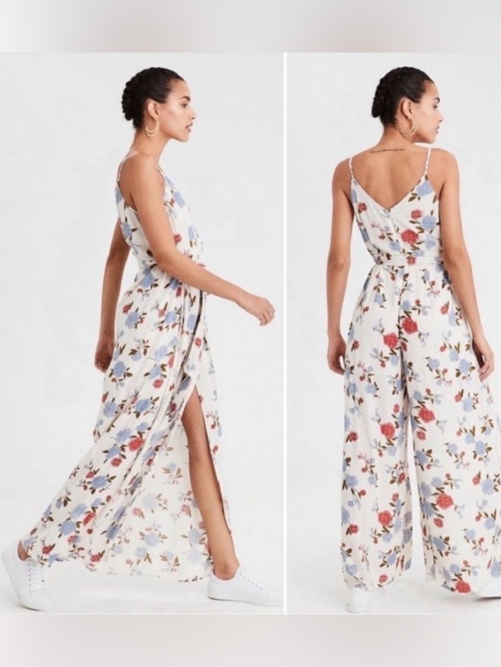 American Eagle Outfitters Cream Maxi Dress with Blue and Red Floral Print